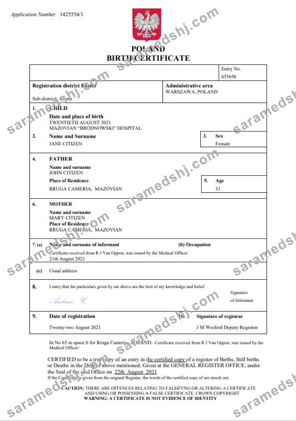 Poland vital record birth certificate Word and PDF template